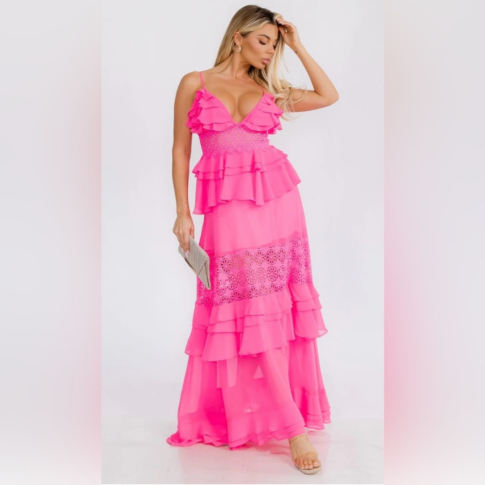 Hot Pink Tiered Ruffle Maxi Dress Sleeveless Boutique – Size Small